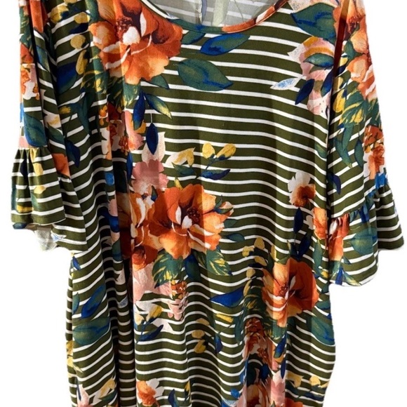 Sweet Lovely By Jen Tops - Vibrant Floral Striped Blouse with Ruffle Sleeves